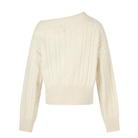 Damen Kurzer Zopfstrick-Pullover mit weitem Boat-Ausschnitt und markantem Logobund Nord Taschen