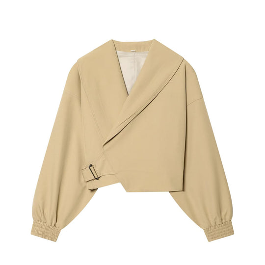 Damen Kurze Wickeljacke mit weitem Schalkragen, taillierendem Schnallenband und Ballonärmeln Nord Taschen