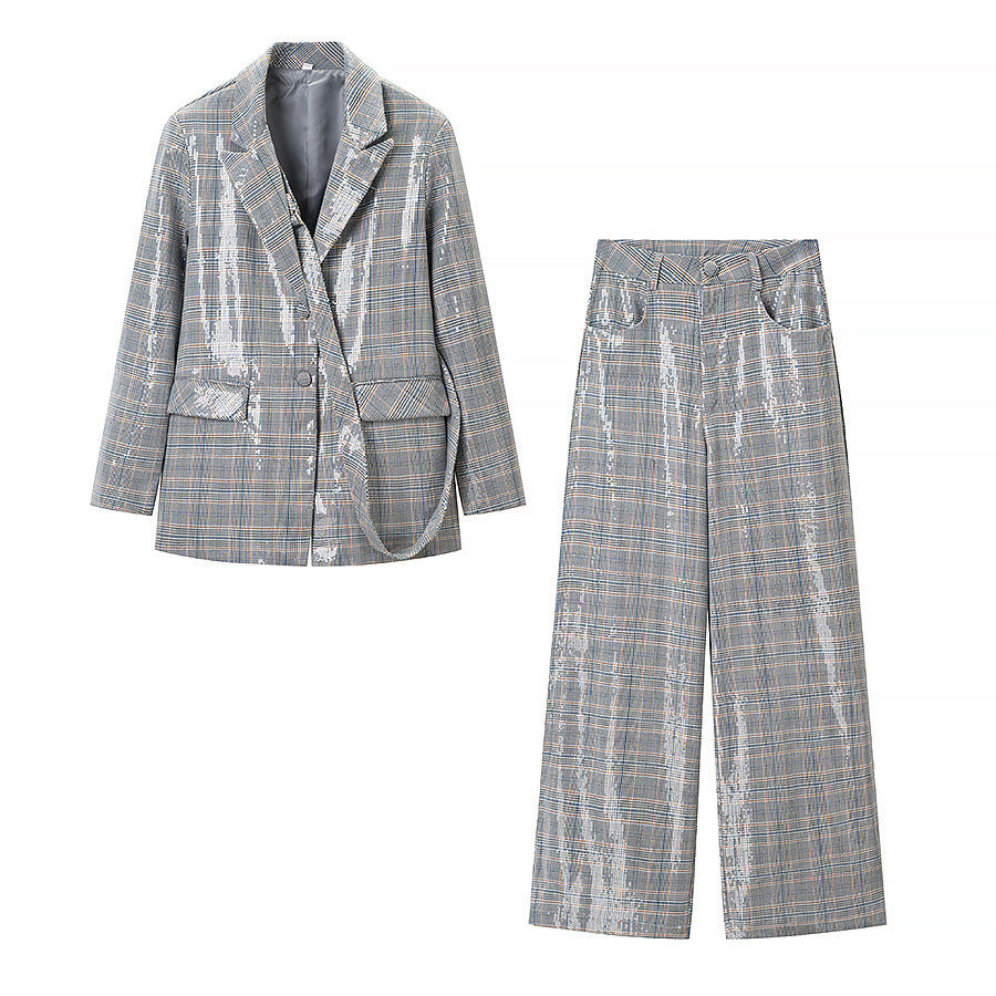 Damen Zweiteiliges Glencheck-Blazer- und Weite-Hosen-Set mit metallischem Glanz Nord Taschen
