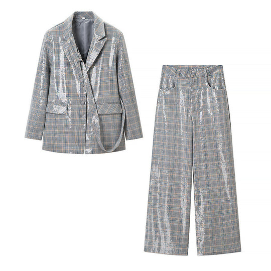 Damen Zweiteiliges Glencheck-Blazer- und Weite-Hosen-Set mit metallischem Glanz Nord Taschen