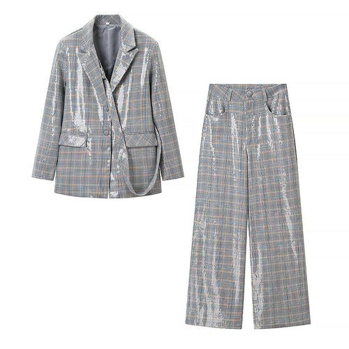 Damen Zweiteiliges Glencheck-Blazer- und Weite-Hosen-Set mit metallischem Glanz Nord Taschen