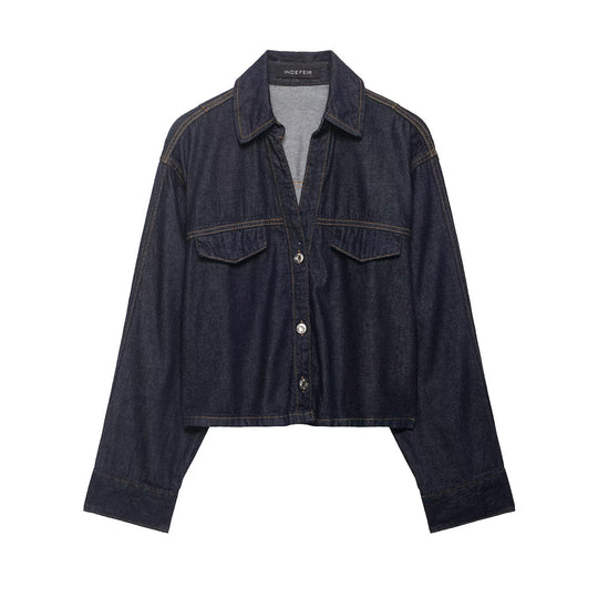 Damen Denim-Zweiteiler mit Cropped-Workerjacke und weiter High‑Waist-Hose Nord Taschen