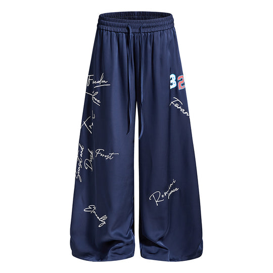 Damen Weite Satin-Palazzo-Loungehose mit Elastikbund, Kordelzug und Script-Print Nord Taschen