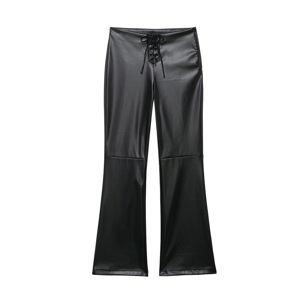 Damen hochgeschnittene ausgestellte Kunstlederhose mit Schnürungsdetail in der Taille Nord Taschen