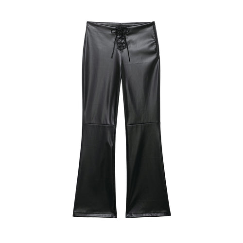 Damen hochgeschnittene ausgestellte Kunstlederhose mit Schnürungsdetail in der Taille Nord Taschen
