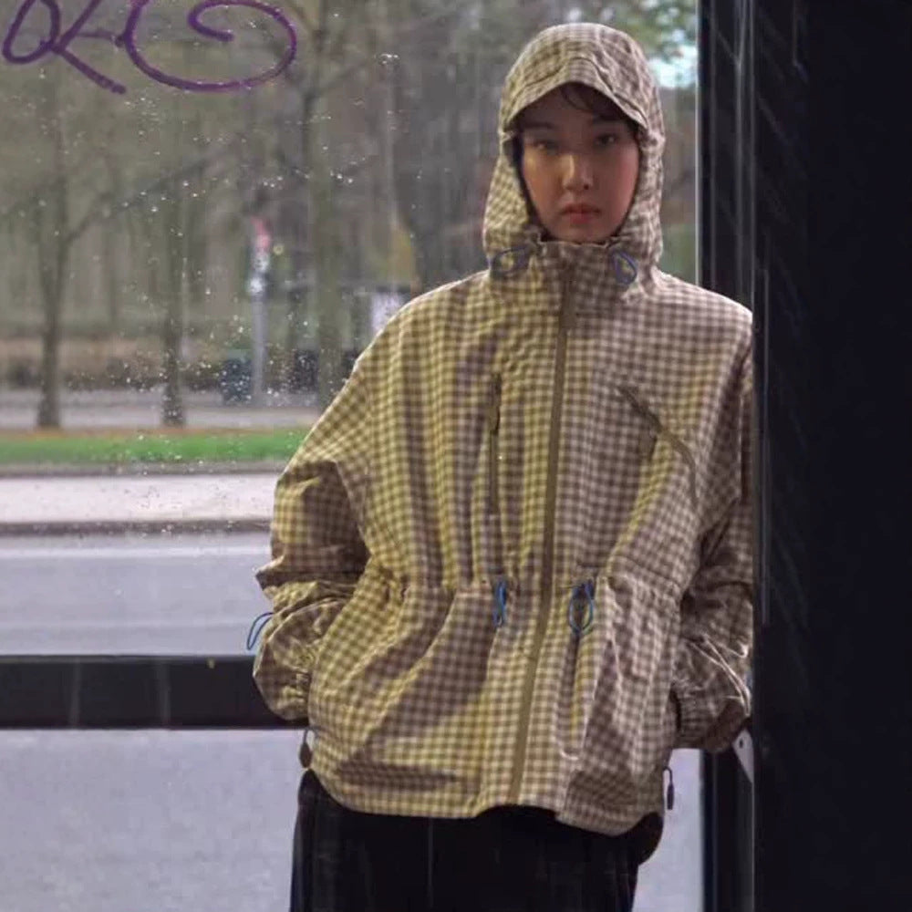 Damen Karo-Windbreaker mit Taillenzug, Kapuze und Reißverschluss Nord Taschen