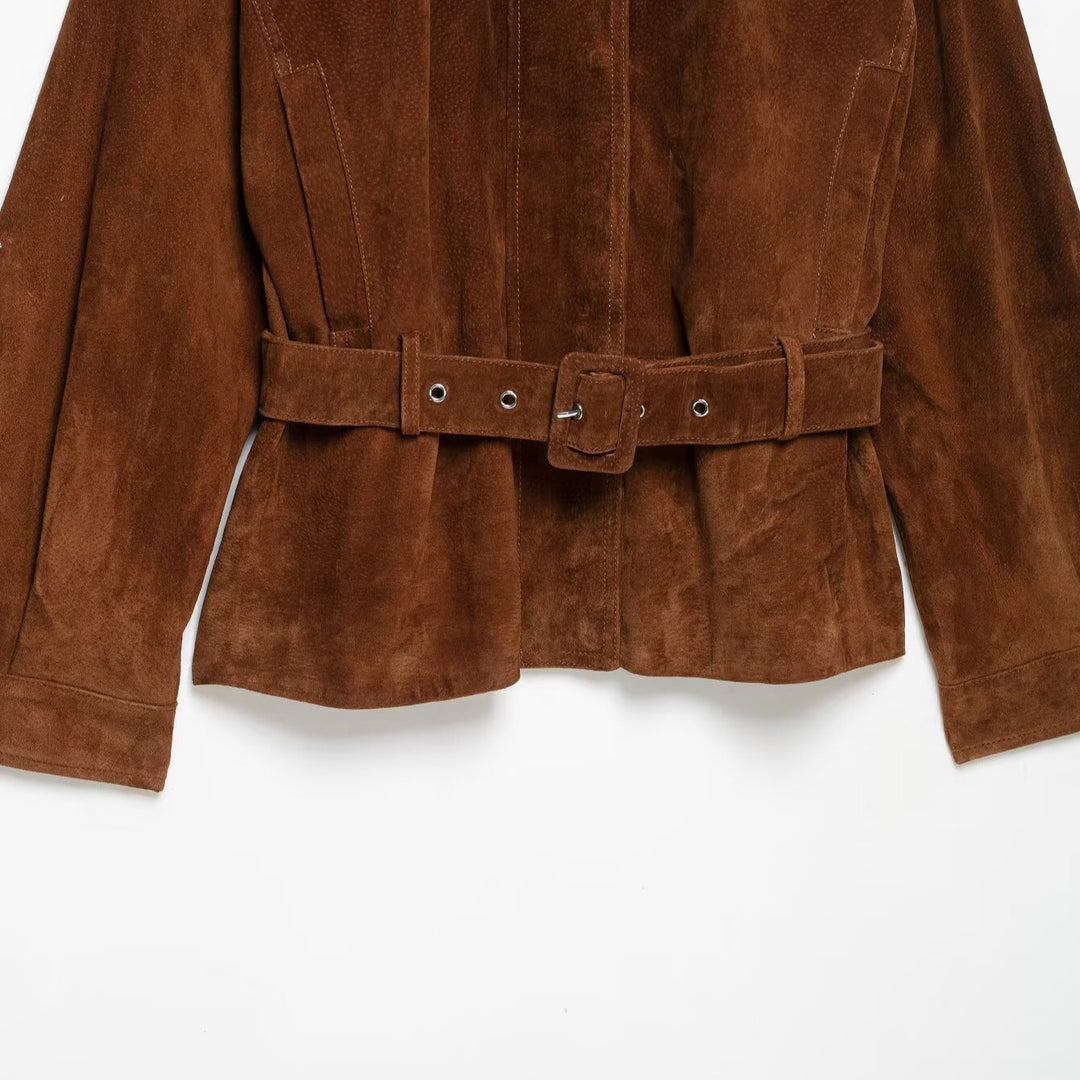 Damen Taillenbetonte Velourslederjacke im Trenchstil mit Stehkragen und breitem Bindegürtel Nord Taschen