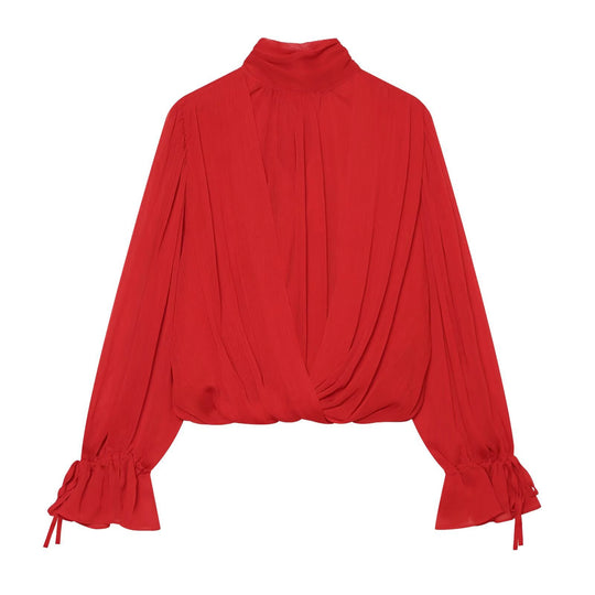 Damen Wickel-Cropped-Bluse mit Stehkragen und Volumenärmeln Nord Taschen