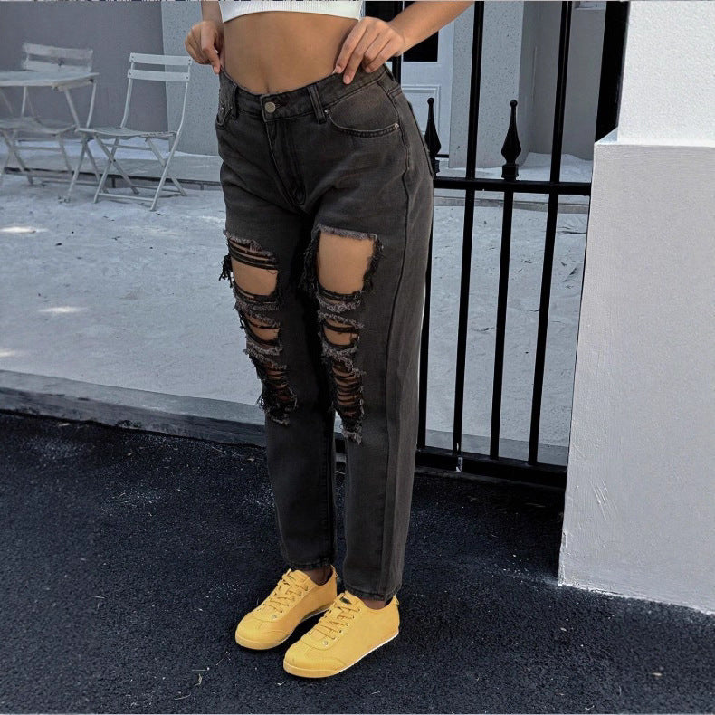 Damen hochgeschnittene Ripped-Mom-Jeans mit mehreren Knie-Cutouts und relaxed Straight-Schnitt Nord Taschen