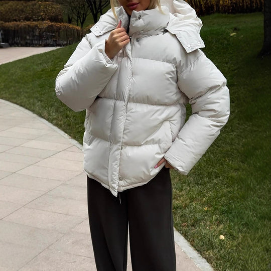 Damen Kurze winddichte Stepp‑Pufferjacke mit abnehmbarer Kapuze und hohem Stehkragen Nord Taschen