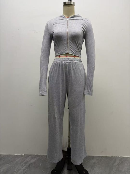 Damen Zweiteiliges Loungewear-Set geripptes Crop-Kapuzenoberteil mit Reißverschluss und Daumenloch sowie weiter Jogginghose Nord Taschen