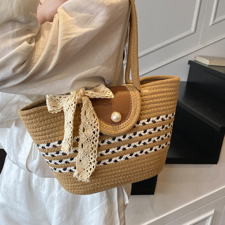 Damen Jute-Handtasche mit dekorativem Spitzenband Nord Taschen