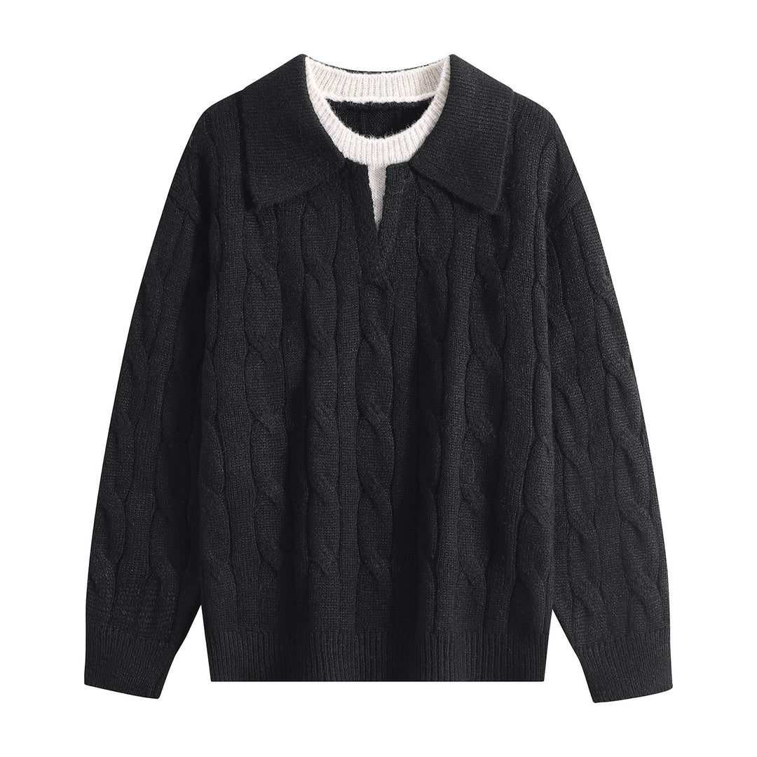 Damen Oversize Grobstrick-Pullover mit Polokragen und Zopfmuster Nord Taschen