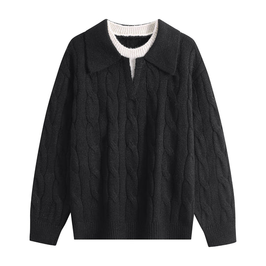 Damen Oversize Grobstrick-Pullover mit Polokragen und Zopfmuster Nord Taschen