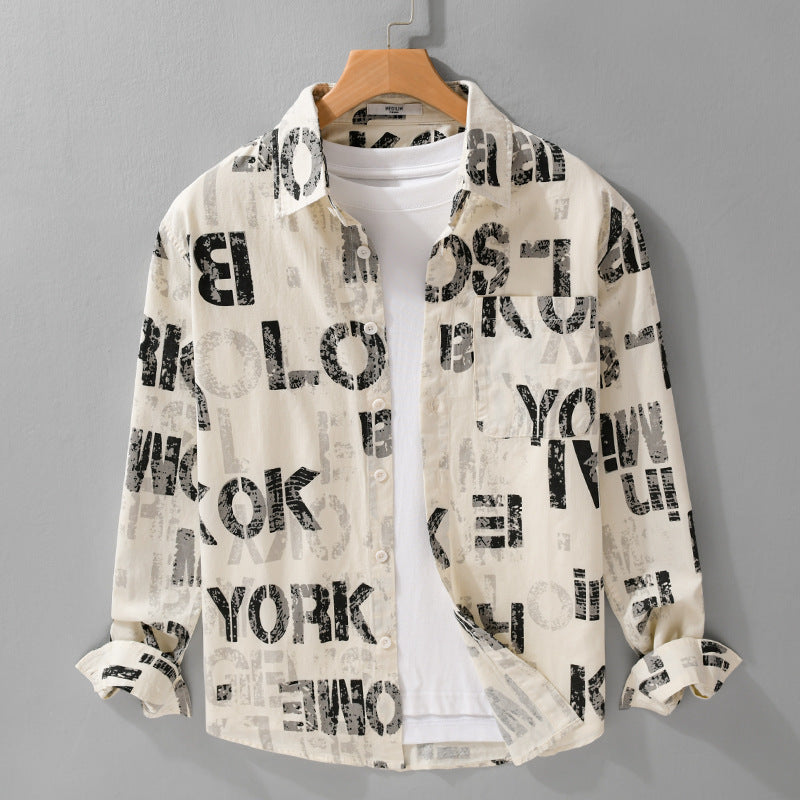 Herren Bedrucktes Leichtes Langarm-Hemd im Relaxed-Fit mit Typo-Print und Brusttasche Nord Taschen