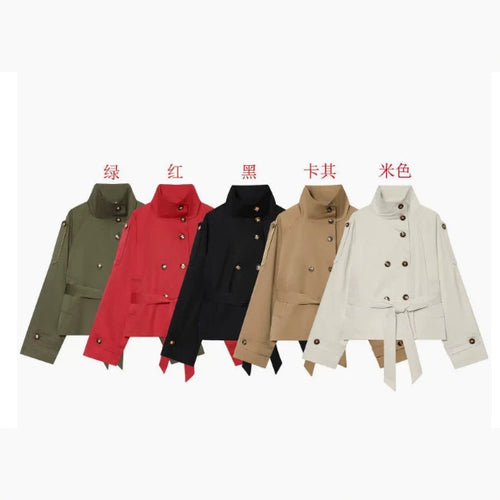 Damen 10+ Cropped Doppelreihige Kurzjacke mit Stehkragen und Taillengürtel Nord Taschen