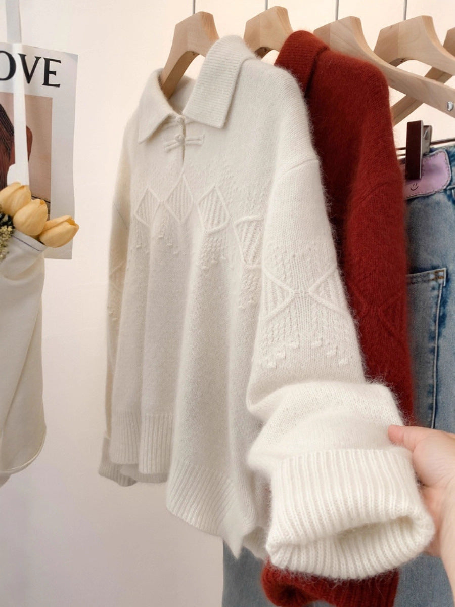 Damen Polokragen-Pullover im Mohair‑Look mit Ajour‑Zopfmuster, überschnittener Schulter und weiter Silhouette Nord Taschen