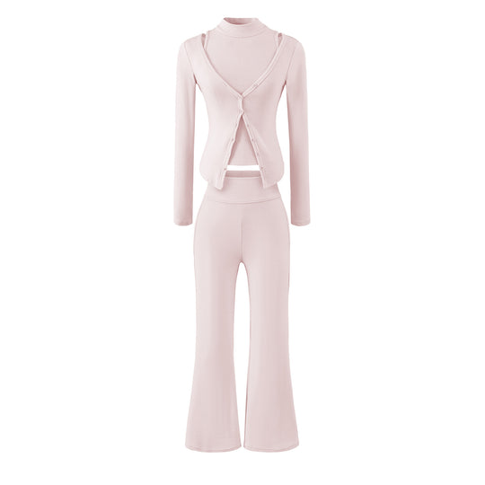 Damen Figurbetontes Layering-Set mit Rollkragen-Longsleeve und asymmetrischer Knopfjacke und ausgestellter High-Waist Hose Nord Taschen
