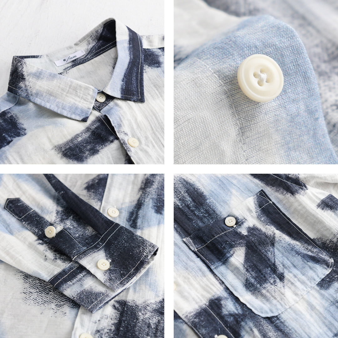 Herren Langarm-Hemdjacke mit abstraktem Pinselprint und feiner Crinkle‑Struktur Nord Taschen
