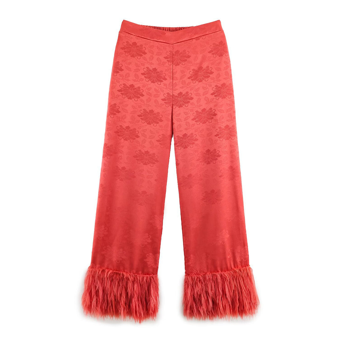 Damen hochtaillierte Satinhose mit Jacquard‑Blütenmuster und Federfransen Nord Taschen