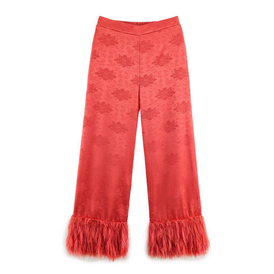 Damen hochtaillierte Satinhose mit Jacquard‑Blütenmuster und Federfransen Nord Taschen