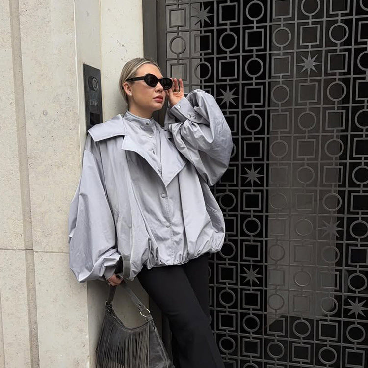 Damen Oversize Kurzjacke mit weitem Volumenärmeln und Tunnelzugsaum Nord Taschen