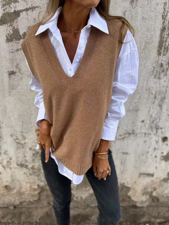 Damen lässiger Strickpullover mit V-Ausschnitt