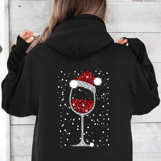 Damen Oversize Kapuzenpullover mit weihnachtlichem Glitzer-Weinglas-Print Nord Taschen