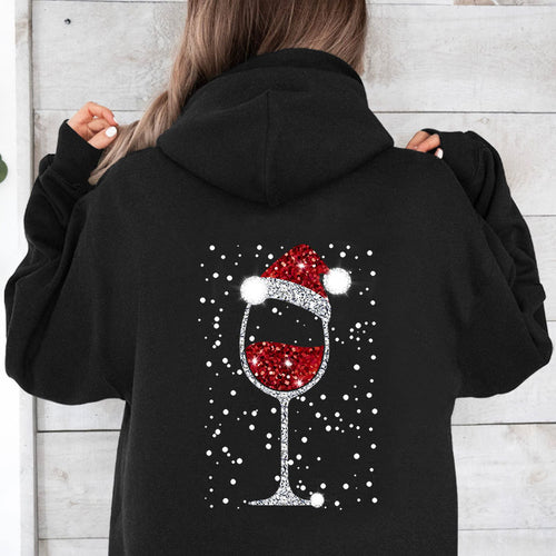 Damen Oversize Kapuzenpullover mit weihnachtlichem Glitzer-Weinglas-Print Nord Taschen