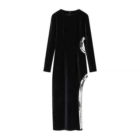 Damen Figurbetontes Samt-Maxikleid mit langen Ärmeln und seitlicher Pailletten-Detailierung Nord Taschen