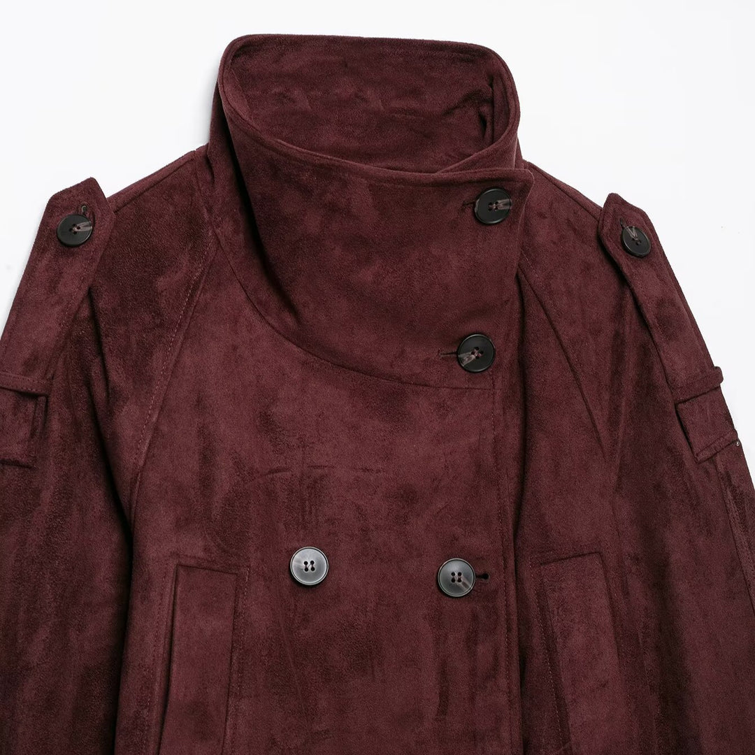 Damen Kurze Trenchjacke aus Veloursoptik mit hohem Stehkragen und Bindegürtel Nord Taschen