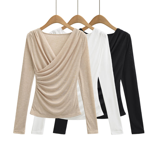 Damen Drapiertes Longsleeve mit V-Ausschnitt und seitlicher Raffung Nord Taschen