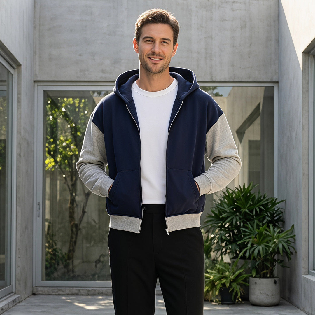 Herren Reißverschluss-Kapuzenjacke im Colorblock-Stil aus French-Terry mit Kängurutasche Nord Taschen