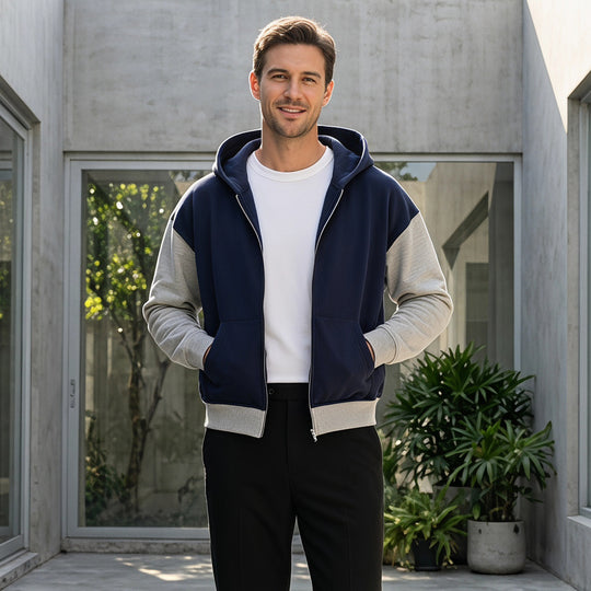 Herren Reißverschluss-Kapuzenjacke im Colorblock-Stil aus French-Terry mit Kängurutasche Nord Taschen