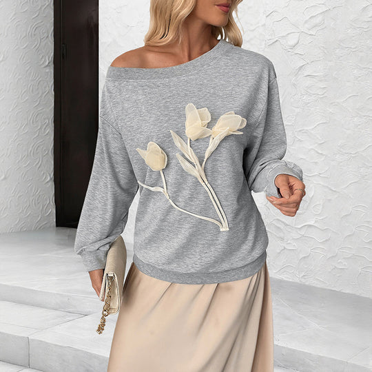 Damen Lockeres Off-Shoulder Sweatshirt mit 3D-Blütenapplikation und überschnittener Schulter Nord Taschen