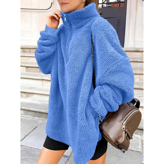 Damen Flauschiger Oversize-Sherpa-Pullover mit Halbzip und Kängurutaschen Nord Taschen