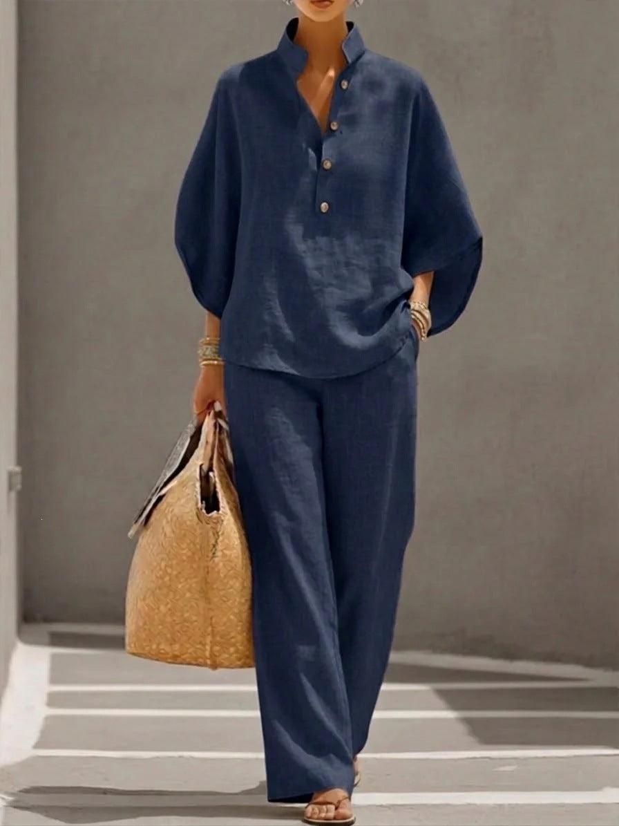 Damen Leichtes Leinen-Loungewear-Set mit Stehkragen Knopfleiste und weitem Marlene-Schnitt Nord Taschen
