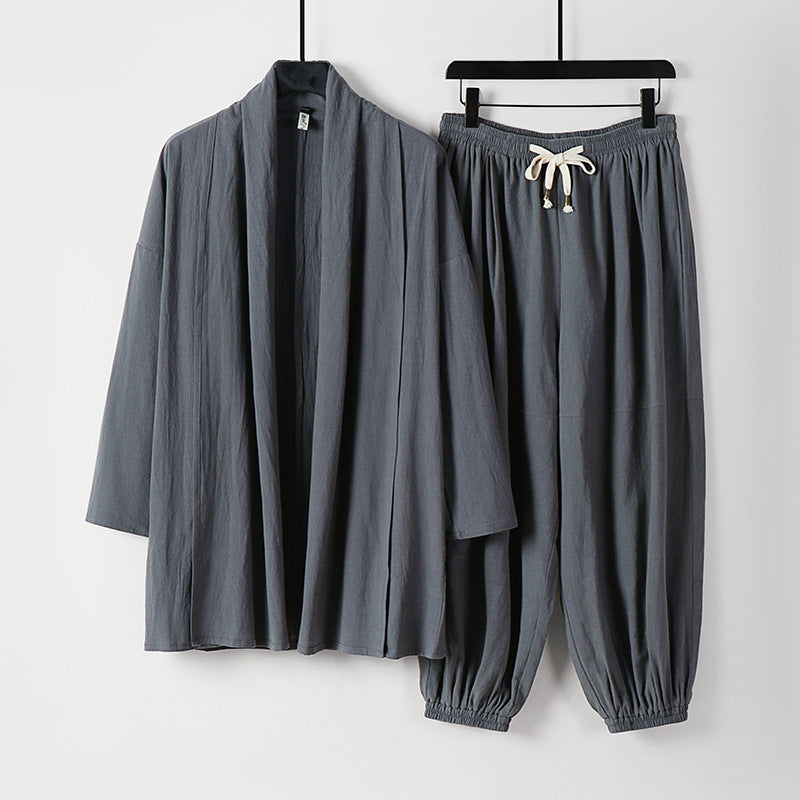 Unisex Entspanntes Kimono-Zweiteiler aus Baumwollmusselin mit Schalkragenjacke und geraffter Knöchelhose Nord Taschen