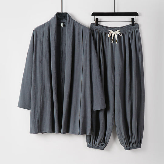 Unisex Entspanntes Kimono-Zweiteiler aus Baumwollmusselin mit Schalkragenjacke und geraffter Knöchelhose Nord Taschen
