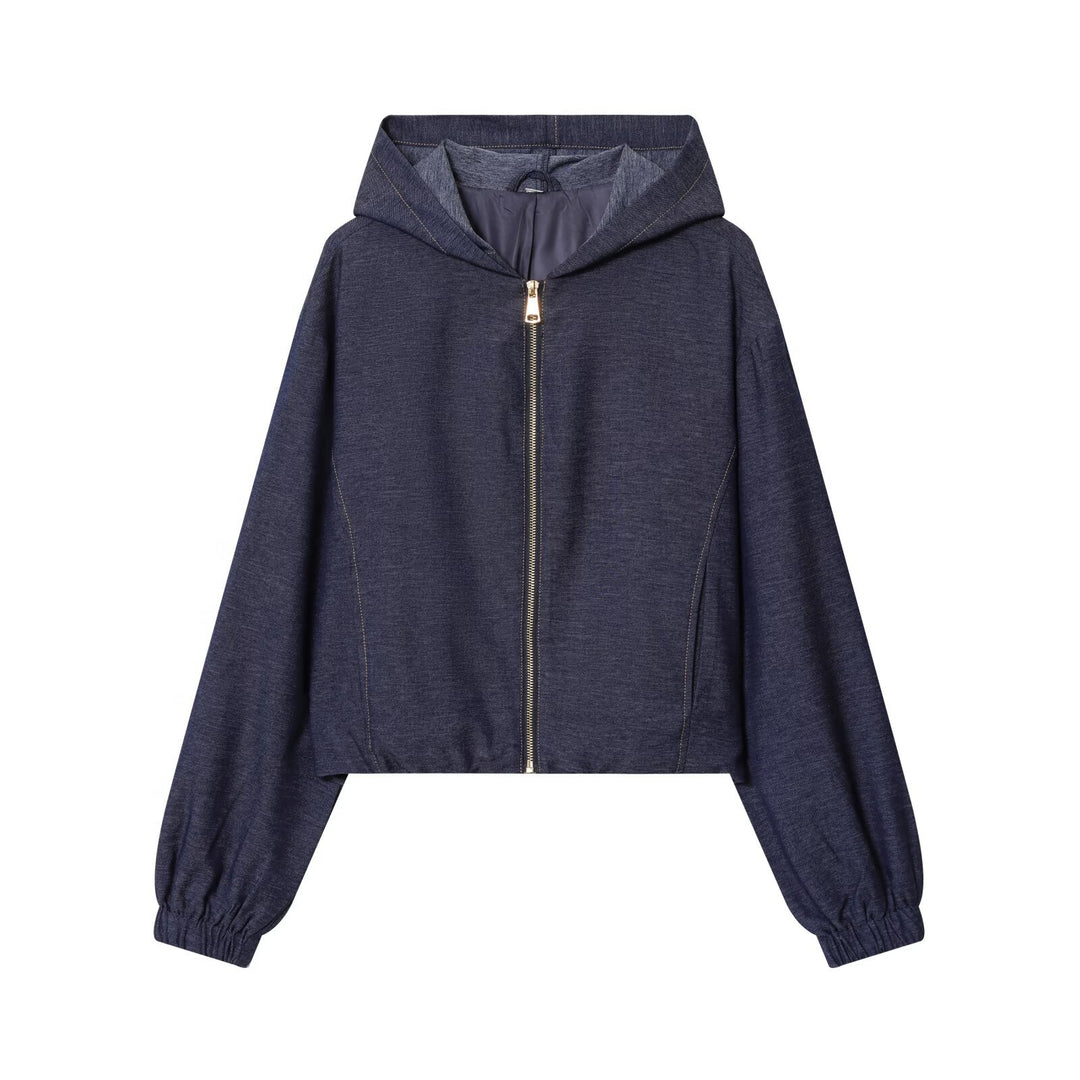 Damen Zweiteiler aus Denim‑Jersey Kapuzenjacke mit Reißverschluss und weiter Bundfaltenhose Nord Taschen