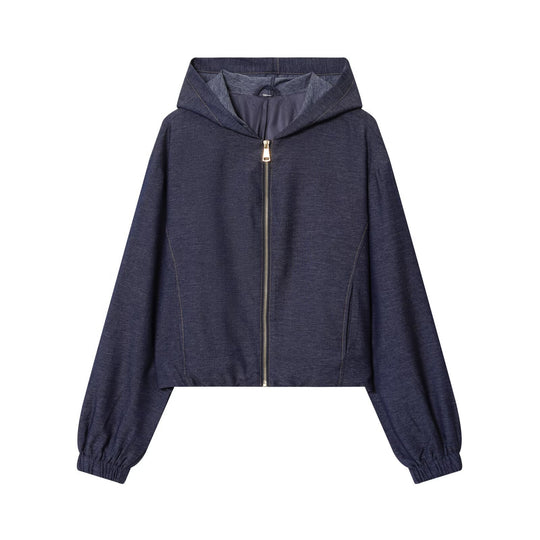 Damen Zweiteiler aus Denim‑Jersey Kapuzenjacke mit Reißverschluss und weiter Bundfaltenhose Nord Taschen
