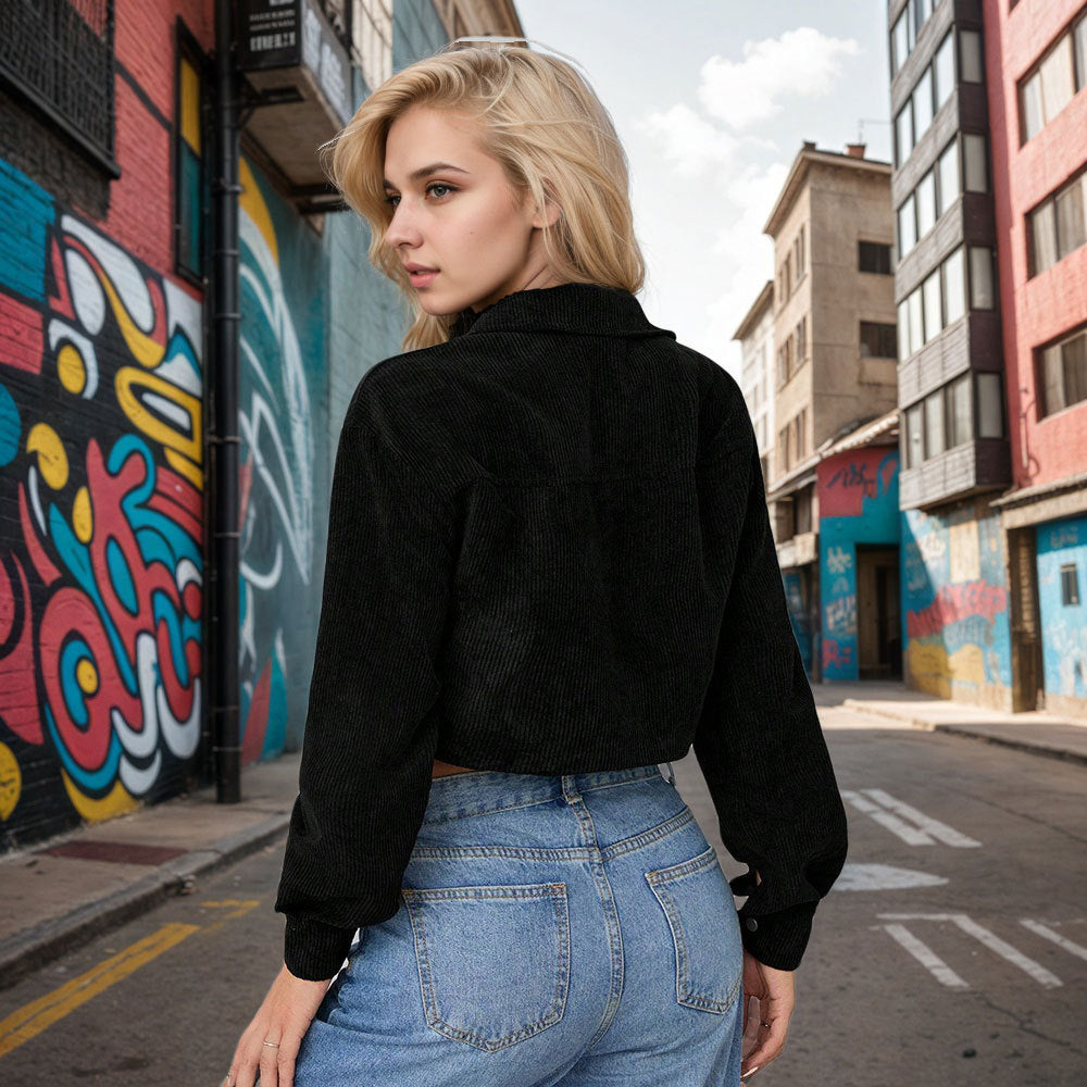 Damen kurze taillierte Cordjacke mit Brusttaschen und Druckknopfleiste Nord Taschen