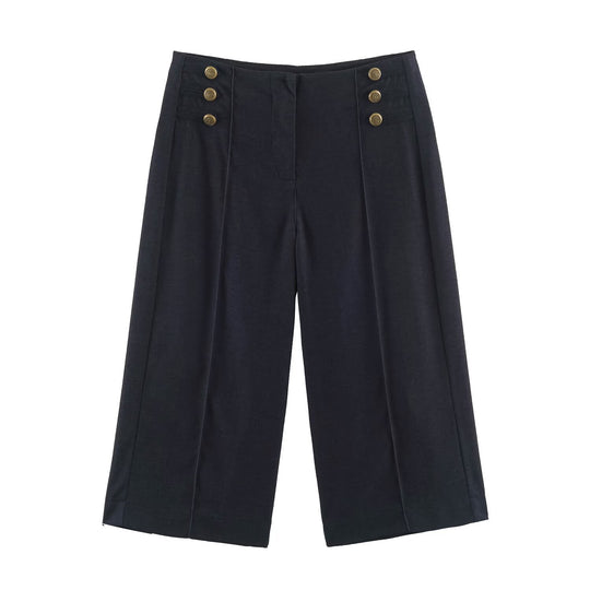 Damen Hochtaillierte Culotte-Hose im Matrosenstil mit Zierknopfleiste Nord Taschen