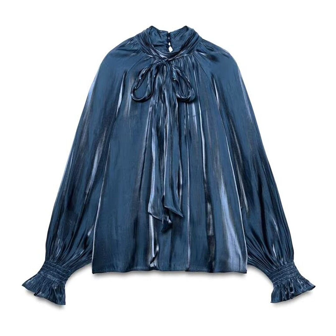 Damen Seidenähnliche Schlupfbluse mit Schleifenkragen, Plissée‑Effekt und gerafften Ballonärmeln Nord Taschen