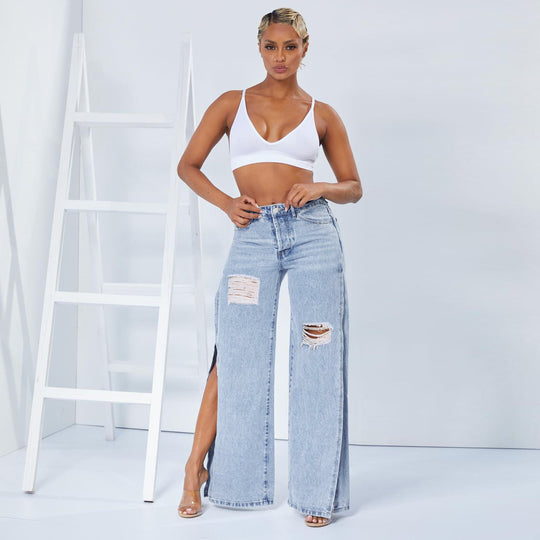 Damen weite High-Waist-Jeans mit seitlichen Beinschlitzen, Destroyed-Knie und formendem Bund Nord Taschen