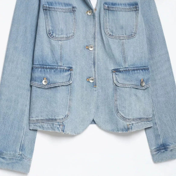 Damen Jeansjacke im Utility-Look mit Stehkragen, Pattentaschen und Schulterpatten Nord Taschen