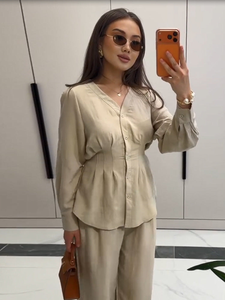 Damen V-Ausschnitt Blusen- und Culotte-Set mit Taillenfalten und weiten Beinen Nord Taschen