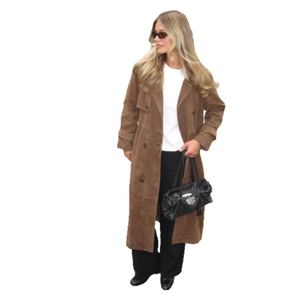 Damen Langer Wildleder‑Trenchcoat mit doppelreihiger Knopfleiste Nord Taschen