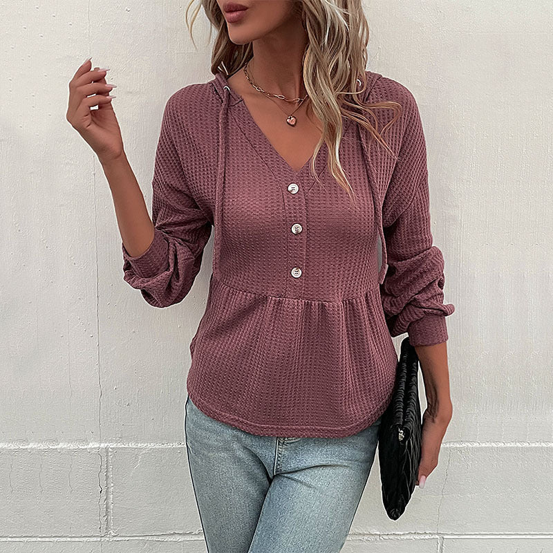Damen Waffelstrick-Hoodie-Bluse mit V-Ausschnitt, Knopfleiste und geraffter Taillenpasse Nord Taschen