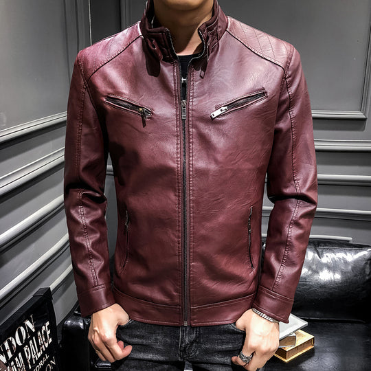 Herren Slim-Fit Kunstleder‑Racerblouson mit Stehkragen und Reißverschluss‑Brusttaschen Nord Taschen